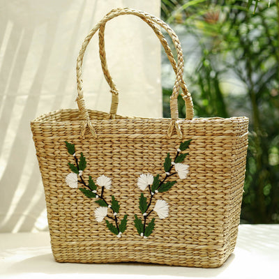Beige - Handcrafted Natural Water Reed Embroidered Shopping Bag