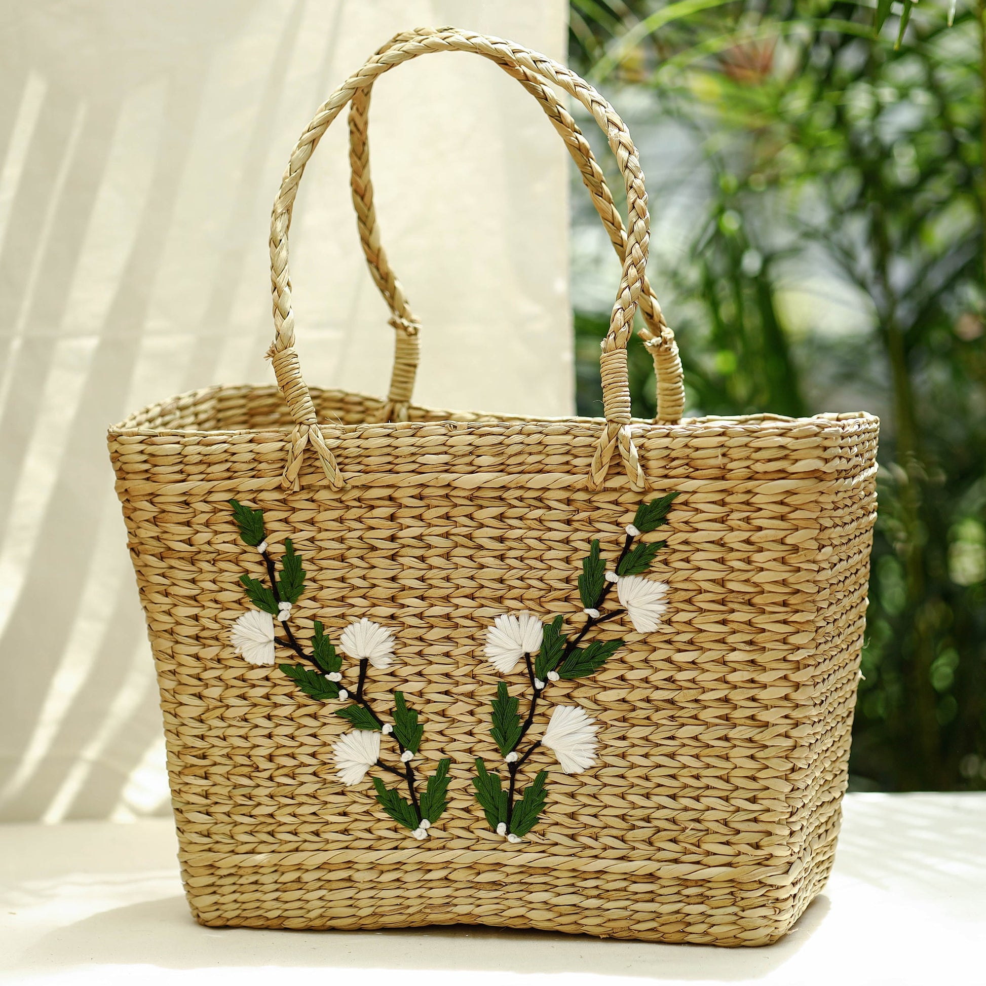 Beige - Handcrafted Natural Water Reed Embroidered Shopping Bag