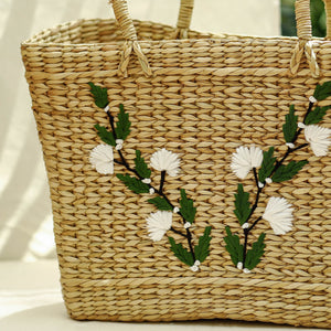 Beige - Handcrafted Natural Water Reed Embroidered Shopping Bag