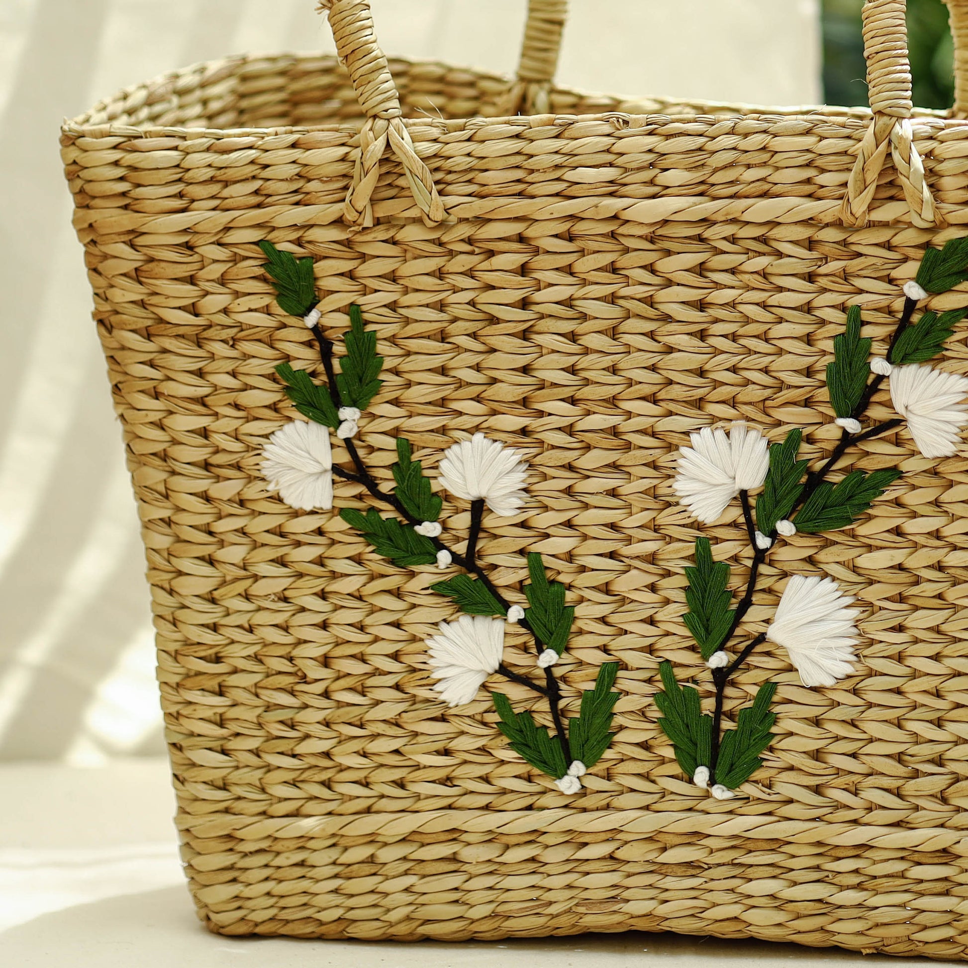Beige - Handcrafted Natural Water Reed Embroidered Shopping Bag