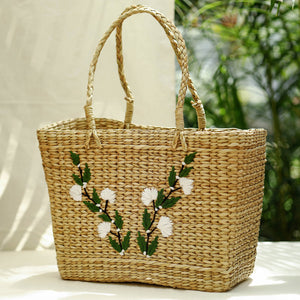 Beige - Handcrafted Natural Water Reed Embroidered Shopping Bag