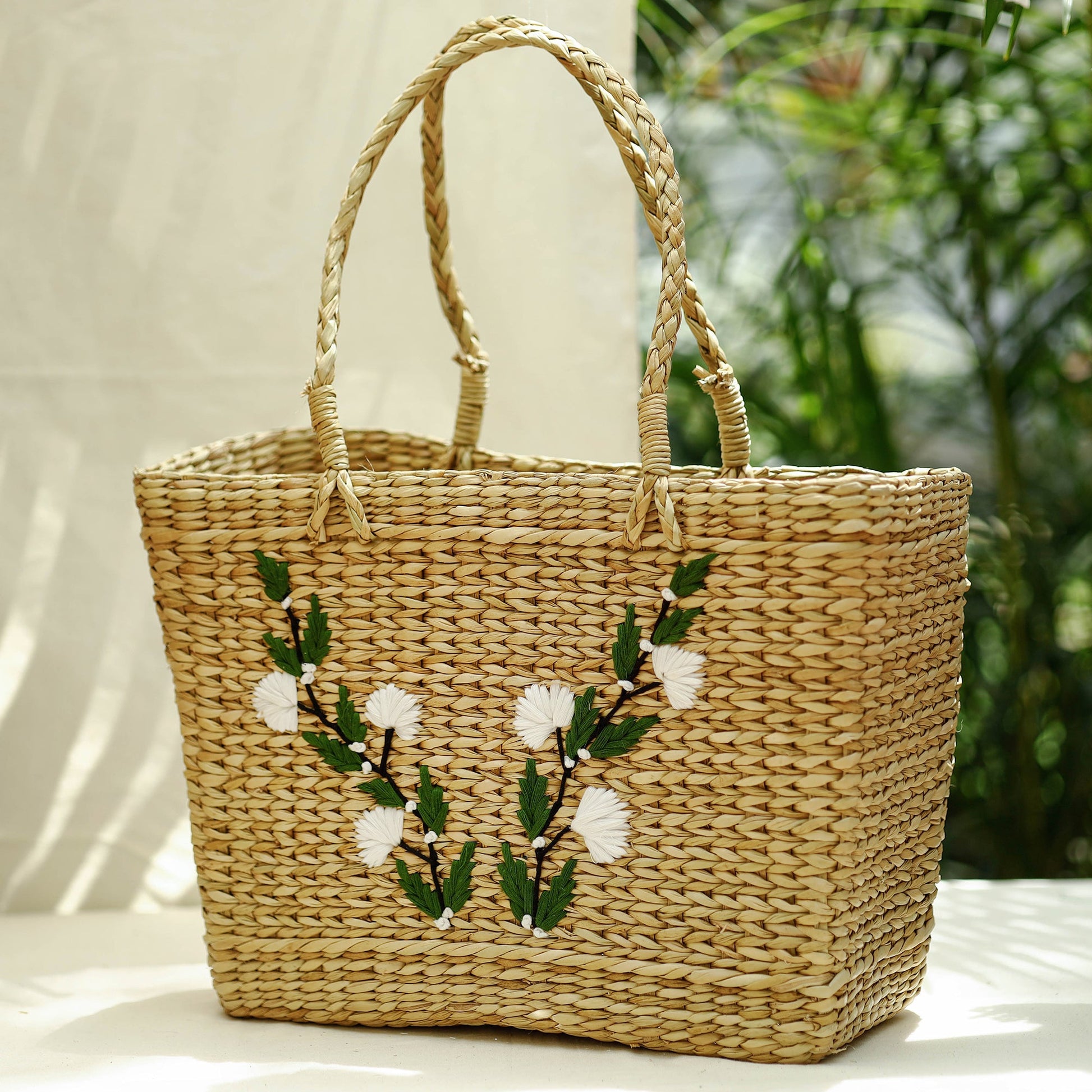 Beige - Handcrafted Natural Water Reed Embroidered Shopping Bag