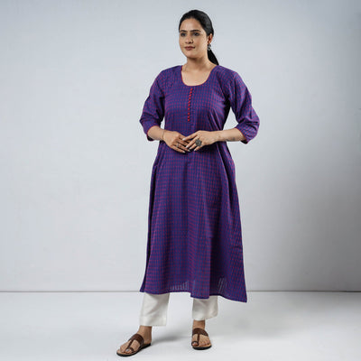 Blue & Pink Jacquard Cotton Long Kurta