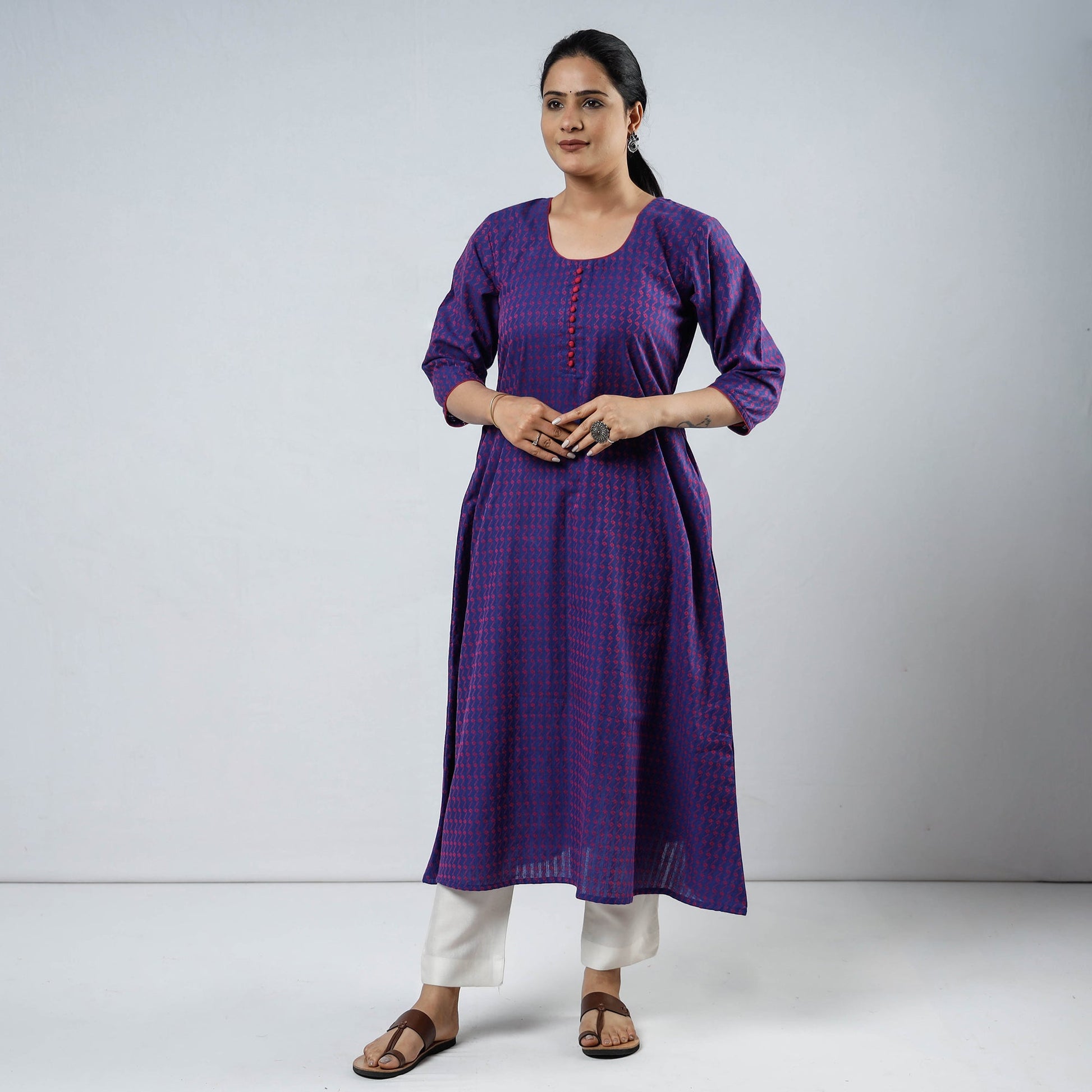 Blue & Pink Jacquard Cotton Long Kurta