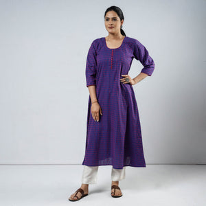 Blue & Pink Jacquard Cotton Long Kurta