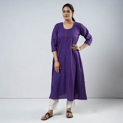 Blue & Pink Jacquard Cotton Long Kurta