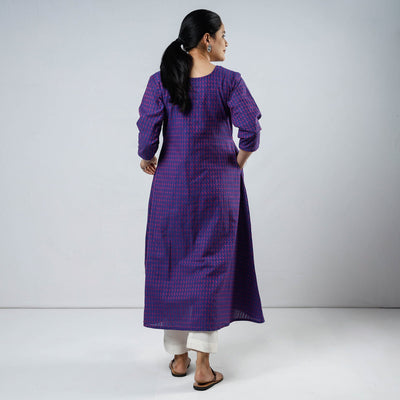 Blue & Pink Jacquard Cotton Long Kurta