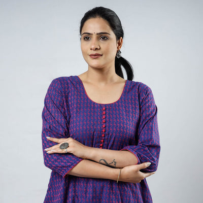 Blue & Pink Jacquard Cotton Long Kurta