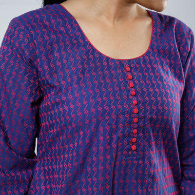 Blue & Pink Jacquard Cotton Long Kurta