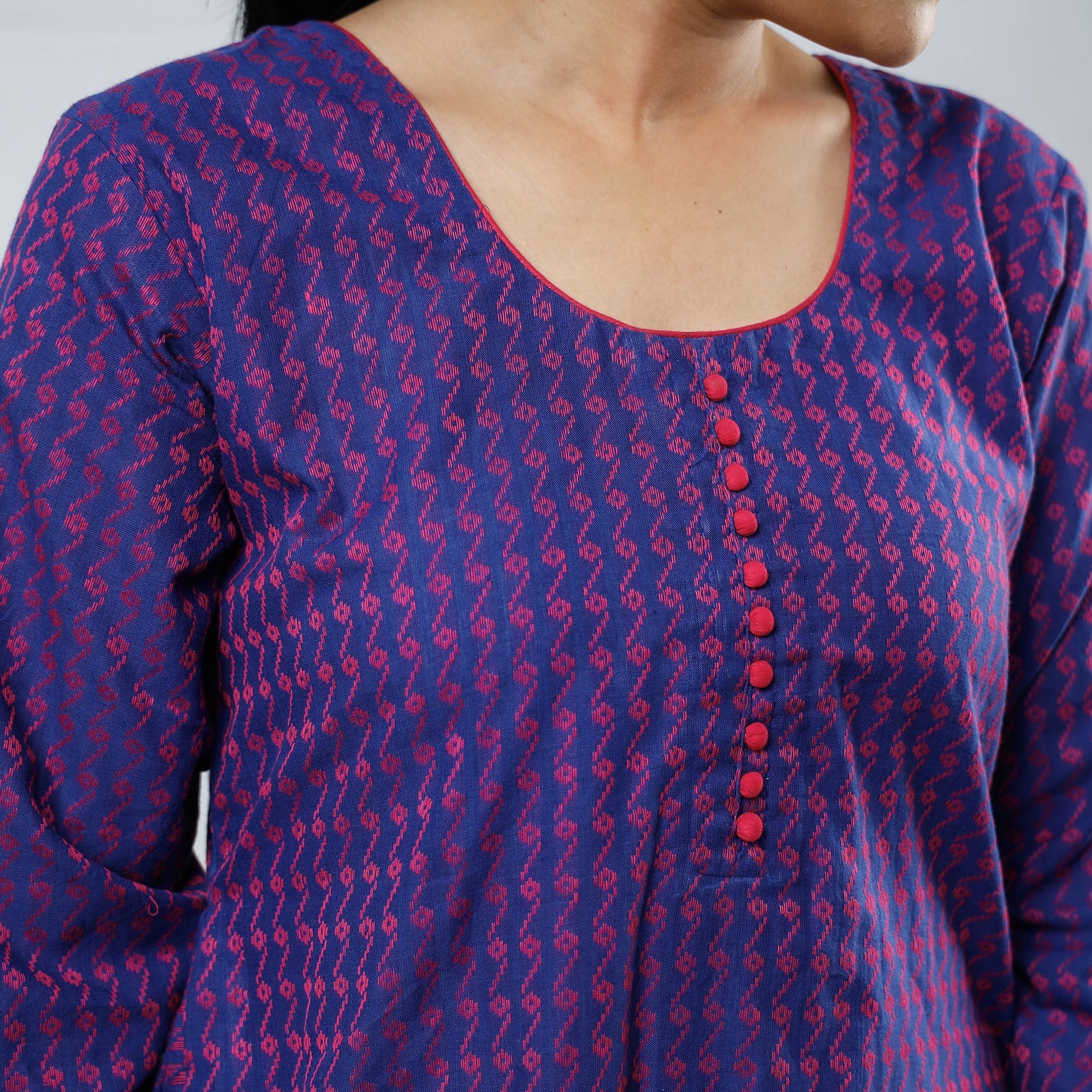 Blue & Pink Jacquard Cotton Long Kurta