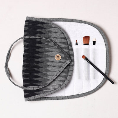 Black - Ikat Fabric Multipurpose Segmented Make-up Brush Wrap Pouch/Case