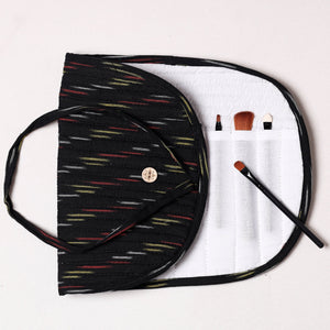 Black - Ikat Fabric Multipurpose Segmented Make-up Brush Wrap Pouch/Case