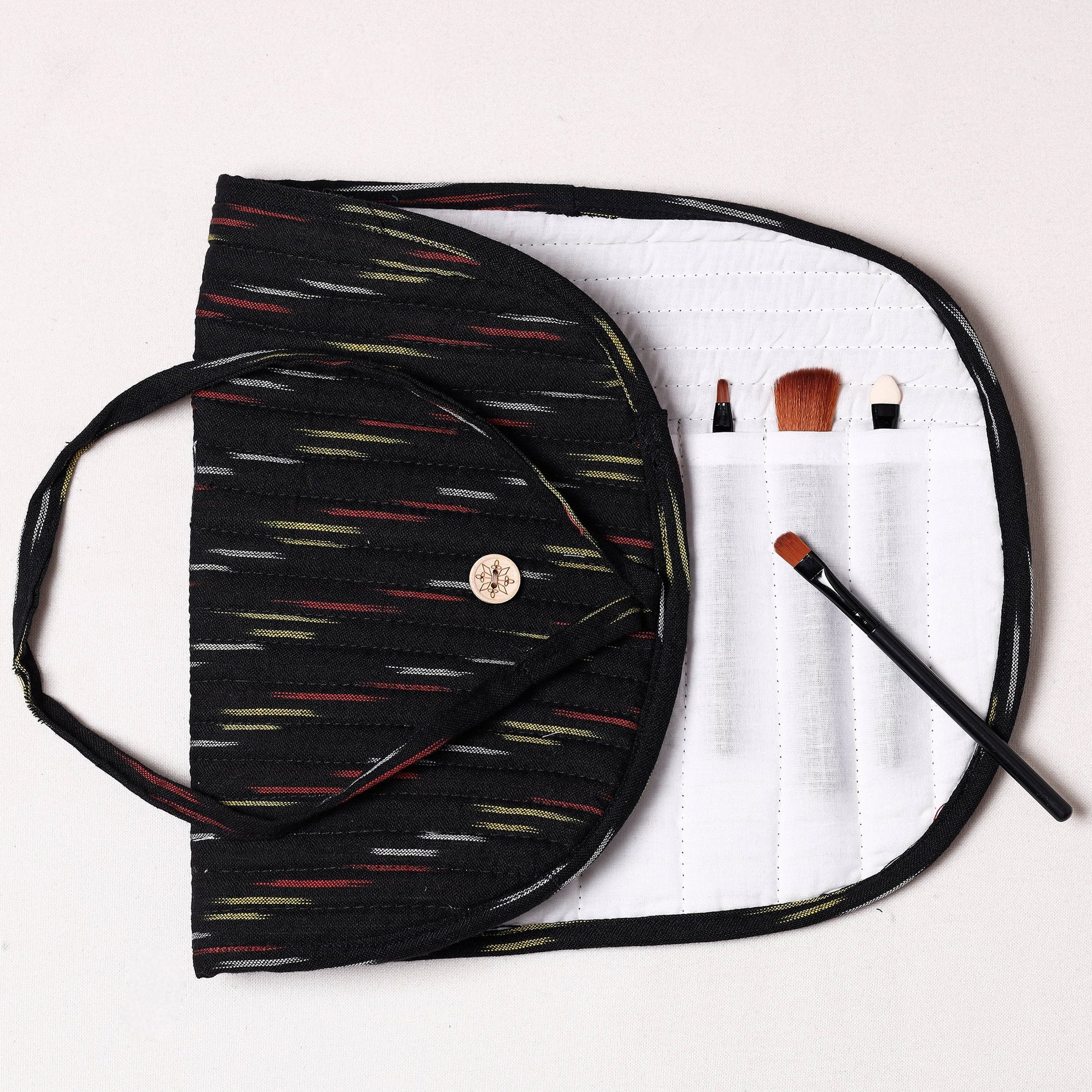 Black - Ikat Fabric Multipurpose Segmented Make-up Brush Wrap Pouch/Case