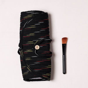 Black - Ikat Fabric Multipurpose Segmented Make-up Brush Wrap Pouch/Case