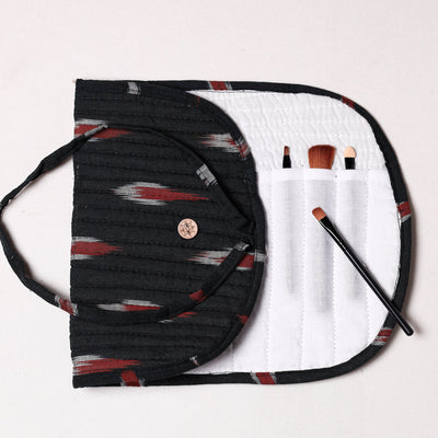 Black - Ikat Fabric Multipurpose Segmented Make-up Brush Wrap Pouch/Case
