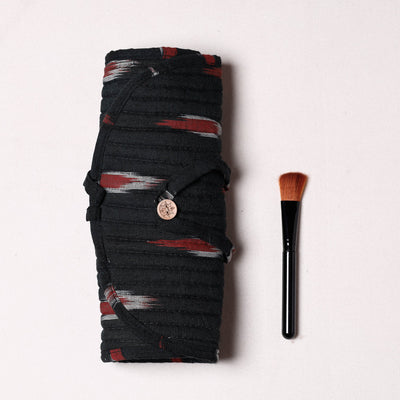 Black - Ikat Fabric Multipurpose Segmented Make-up Brush Wrap Pouch/Case