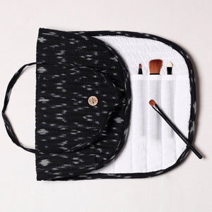Black - Ikat Fabric Multipurpose Segmented Make-up Brush Wrap Pouch/Case