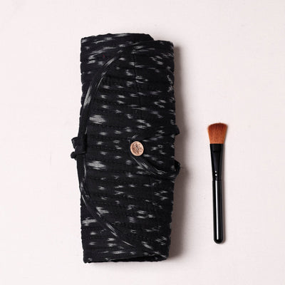Black - Ikat Fabric Multipurpose Segmented Make-up Brush Wrap Pouch/Case