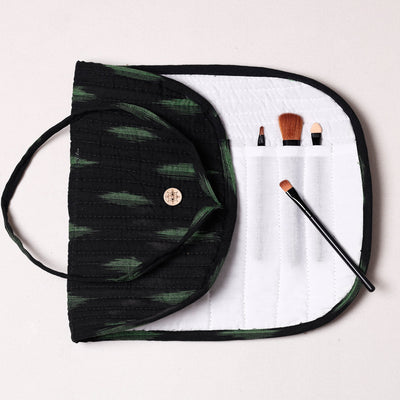 Black - Ikat Fabric Multipurpose Segmented Make-up Brush Wrap Pouch/Case