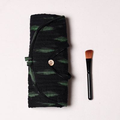 Black - Ikat Fabric Multipurpose Segmented Make-up Brush Wrap Pouch/Case