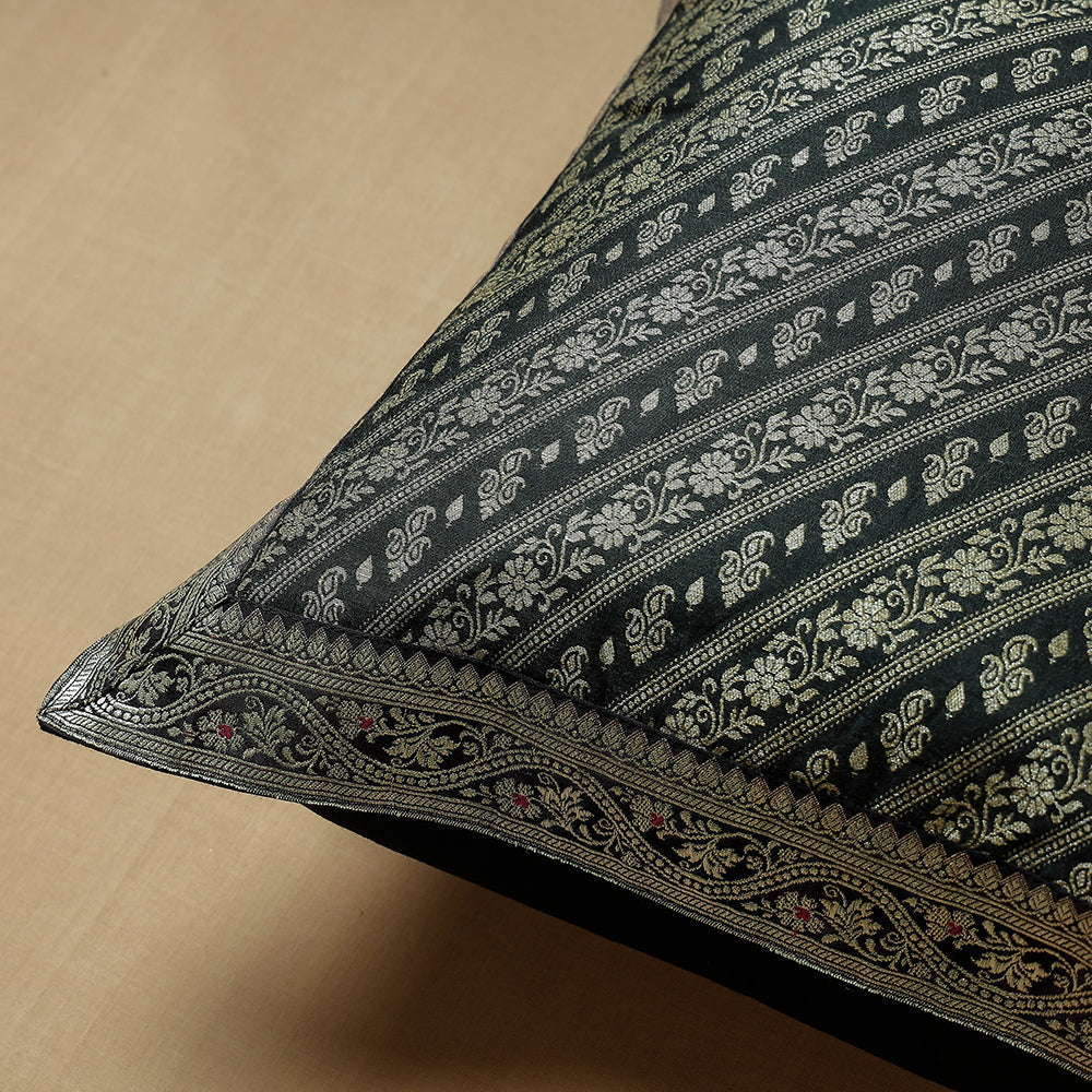 Black - Traditional Pure Banarasi Handwoven Silk Zari Cushion Cover (16 x 16 in)