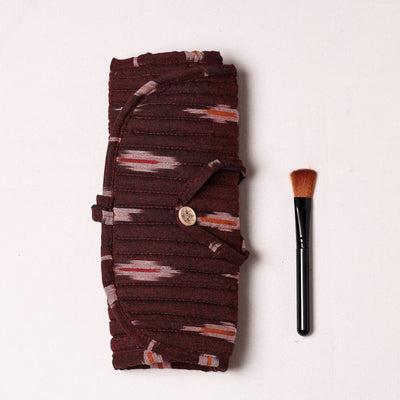 Brown - Ikat Fabric Multipurpose Segmented Make-up Brush Wrap Pouch/Case