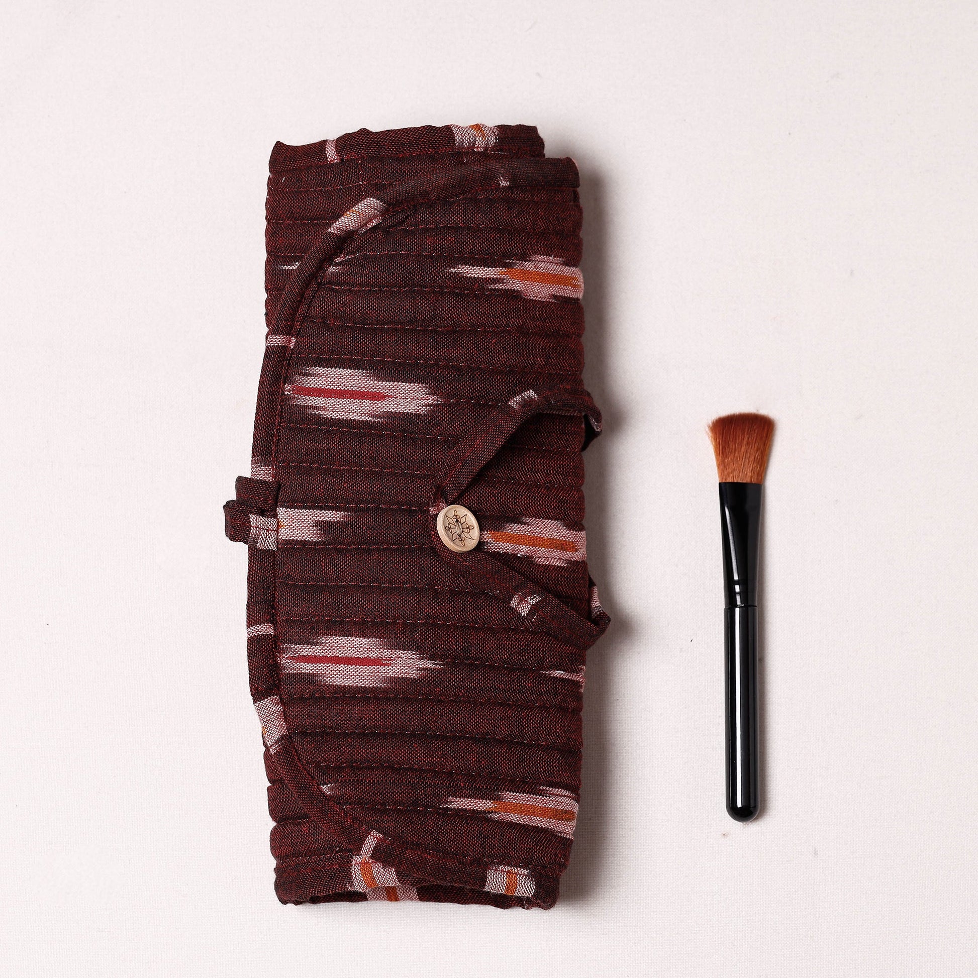 Brown - Ikat Fabric Multipurpose Segmented Make-up Brush Wrap Pouch/Case