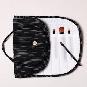 Black - Ikat Fabric Multipurpose Segmented Make-up Brush Wrap Pouch/Case