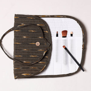 Brown - Ikat Fabric Multipurpose Segmented Make-up Brush Wrap Pouch/Case