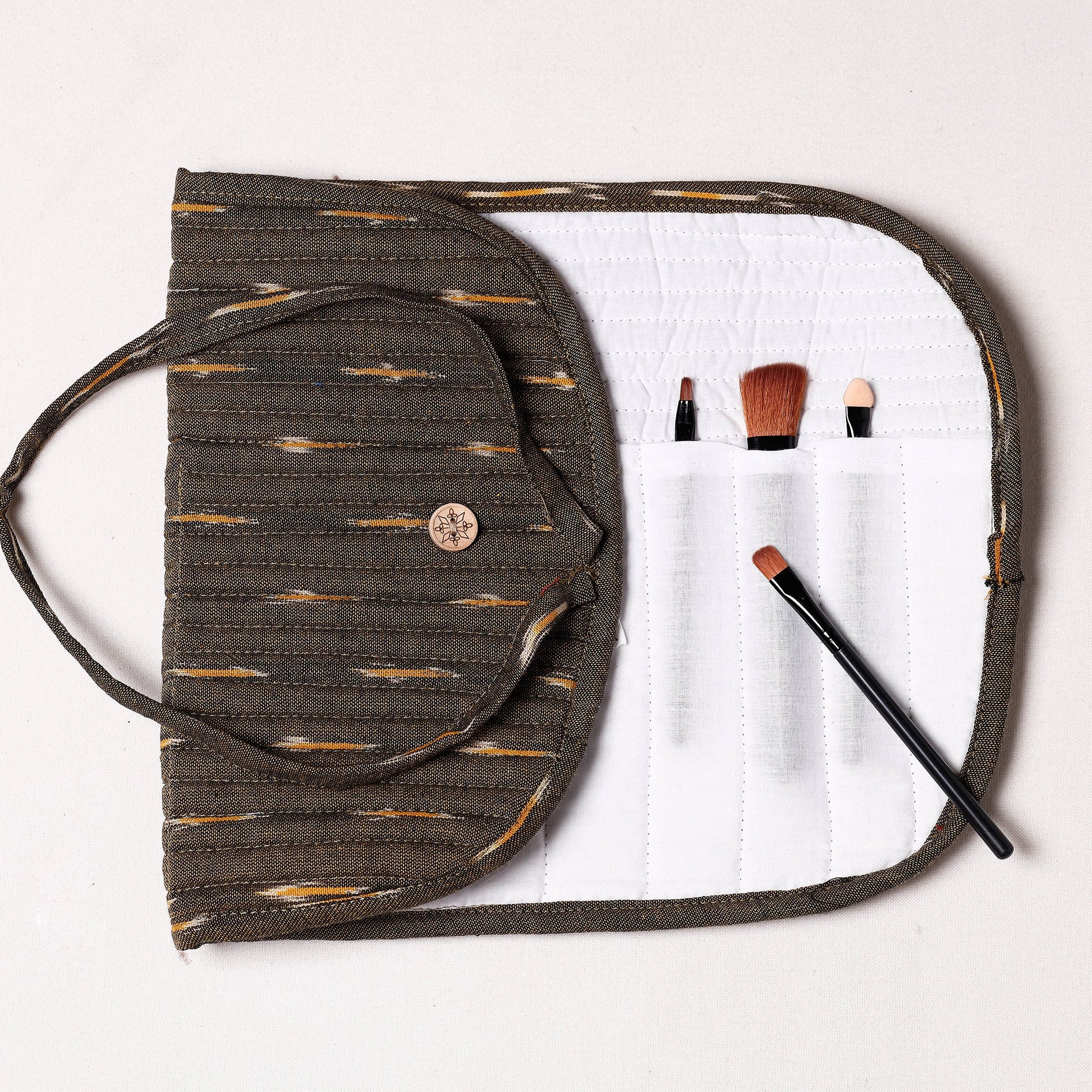 Brown - Ikat Fabric Multipurpose Segmented Make-up Brush Wrap Pouch/Case