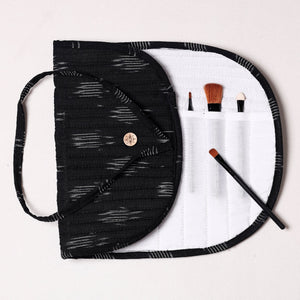 Black - Ikat Fabric Multipurpose Segmented Make-up Brush Wrap Pouch/Case