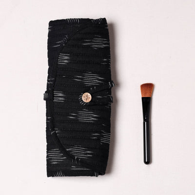 Black - Ikat Fabric Multipurpose Segmented Make-up Brush Wrap Pouch/Case