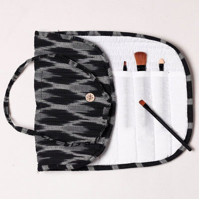 Black - Ikat Fabric Multipurpose Segmented Make-up Brush Wrap Pouch/Case