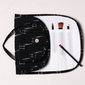 Black - Ikat Fabric Multipurpose Segmented Make-up Brush Wrap Pouch/Case