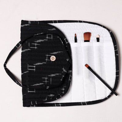 Black - Ikat Fabric Multipurpose Segmented Make-up Brush Wrap Pouch/Case