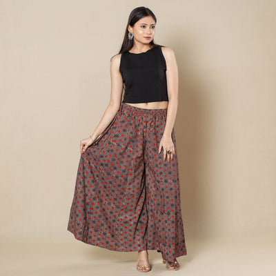 Brown - Ajrakh Block Printing Cotton Flared Palazzo
