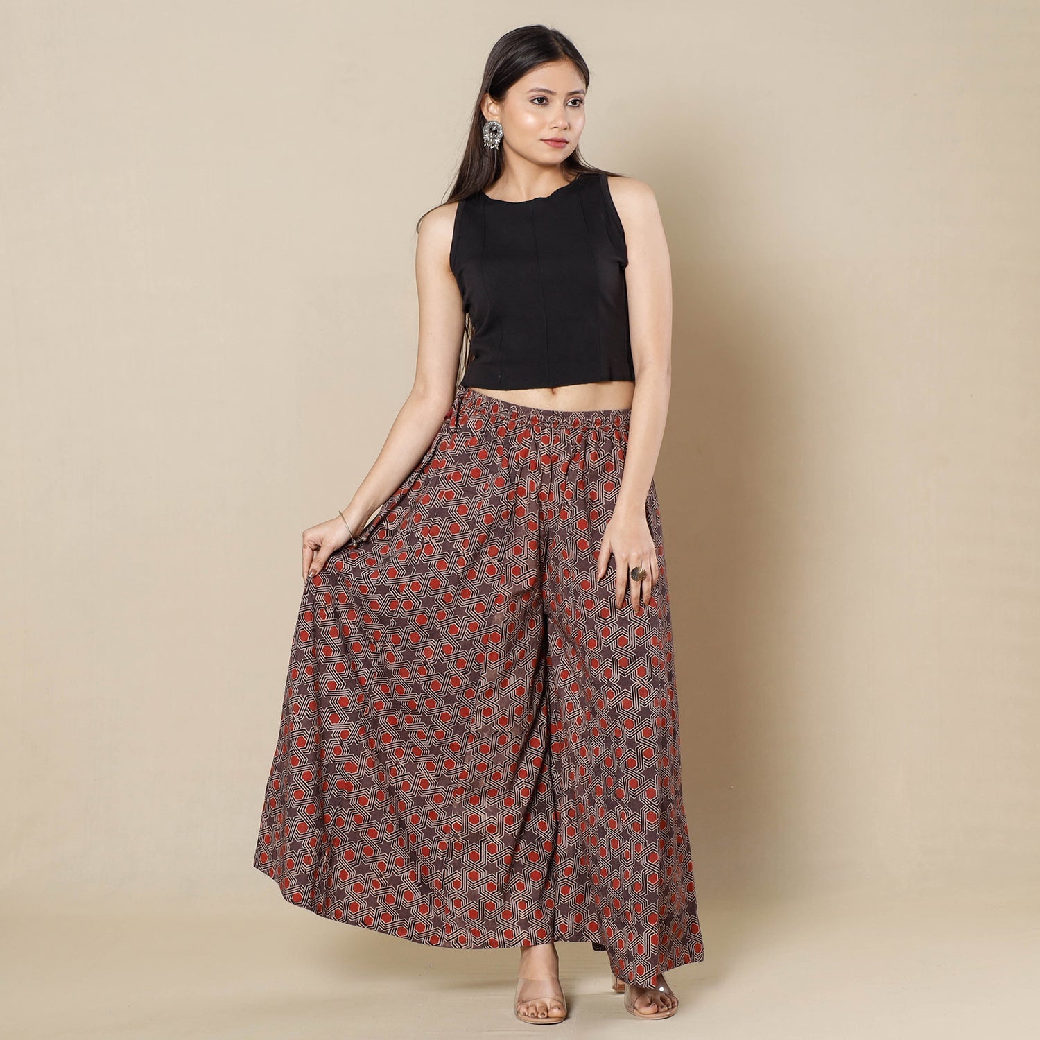 Brown - Ajrakh Block Printing Cotton Flared Palazzo
