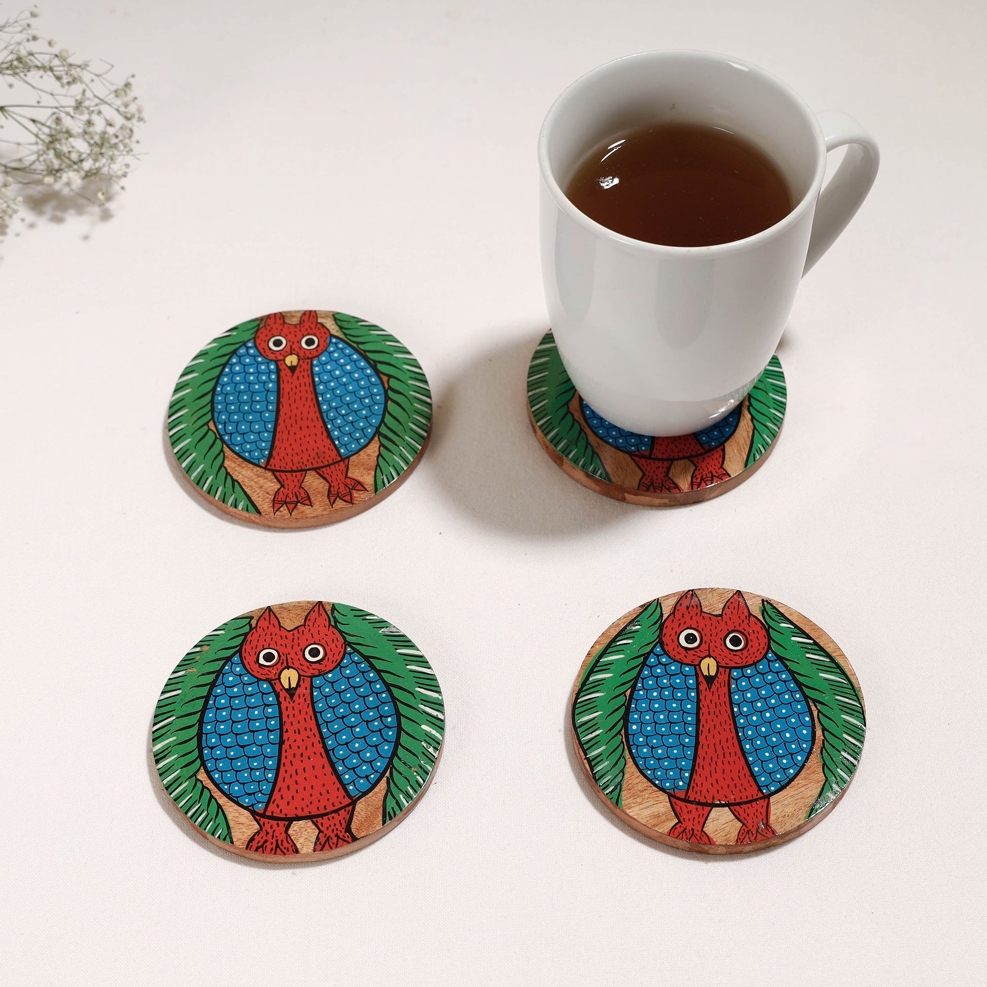 Bengal Patua Handpainted Akashmoni Wooden Coasters (Set of 4)