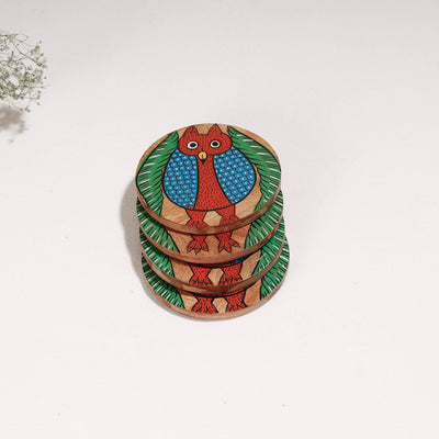 Bengal Patua Handpainted Akashmoni Wooden Coasters (Set of 4)
