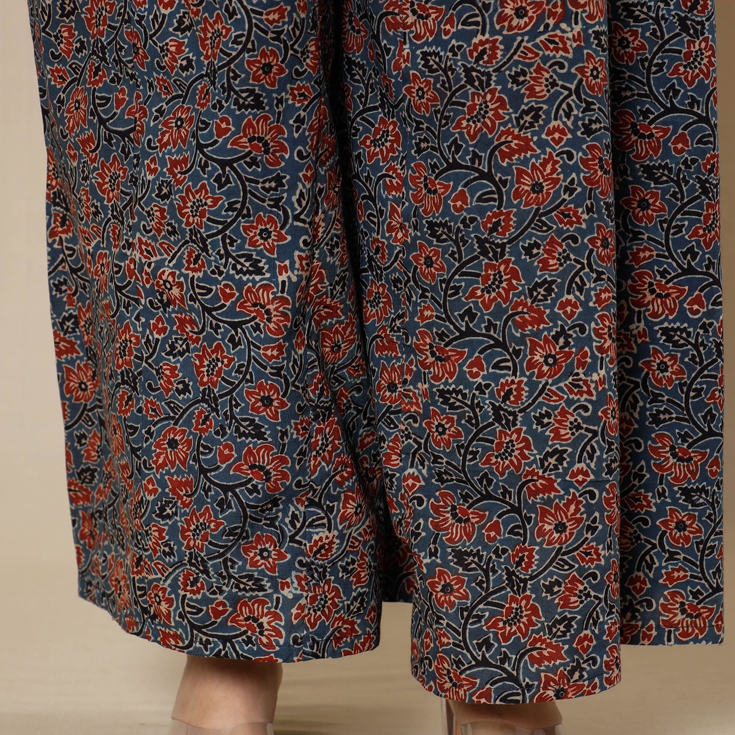 Blue - Ajrakh Block Printing Cotton Flared Palazzo