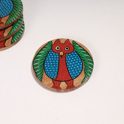 Bengal Patua Handpainted Akashmoni Wooden Coasters (Set of 4)