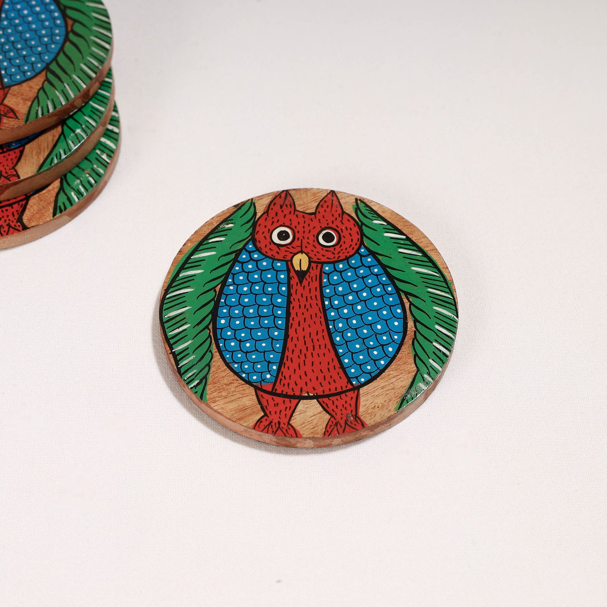 Bengal Patua Handpainted Akashmoni Wooden Coasters (Set of 4)