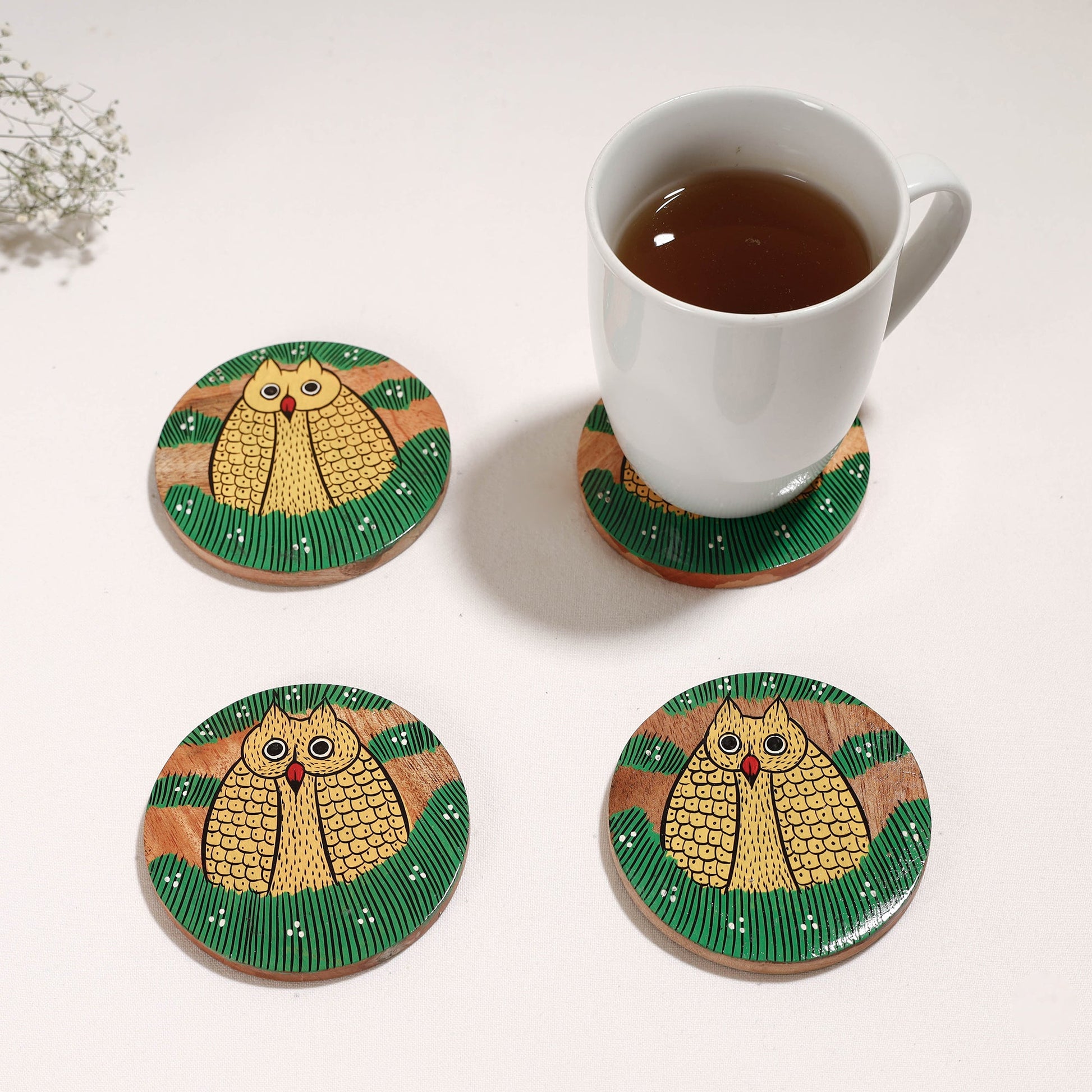 Bengal Patua Handpainted Akashmoni Wooden Coasters (Set of 4)