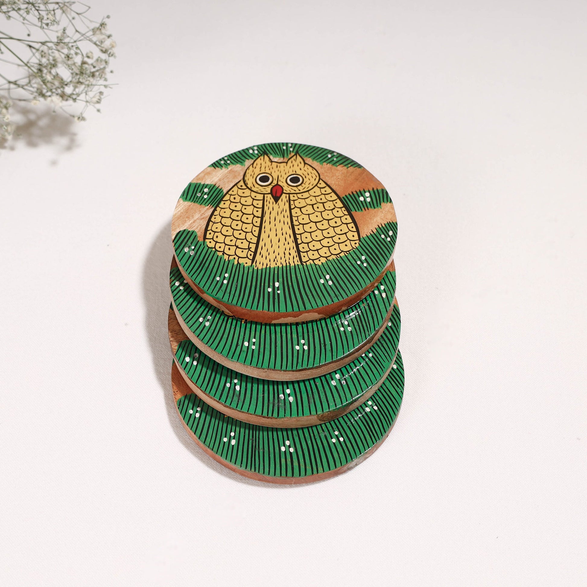 Bengal Patua Handpainted Akashmoni Wooden Coasters (Set of 4)