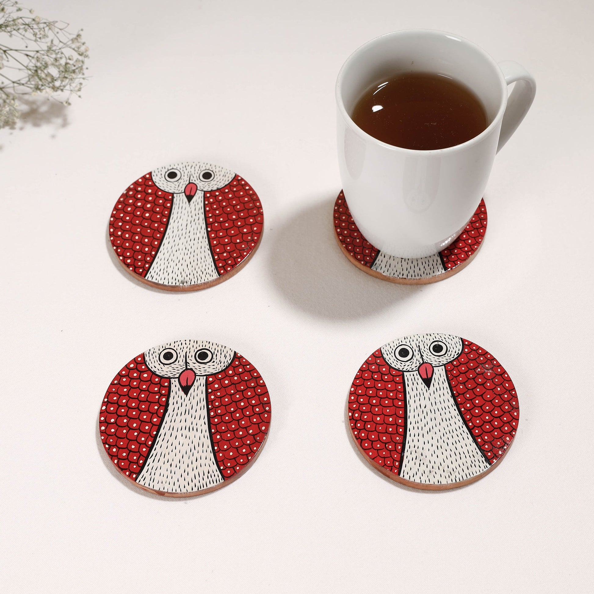 Bengal Patua Handpainted Akashmoni Wooden Coasters (Set of 4)