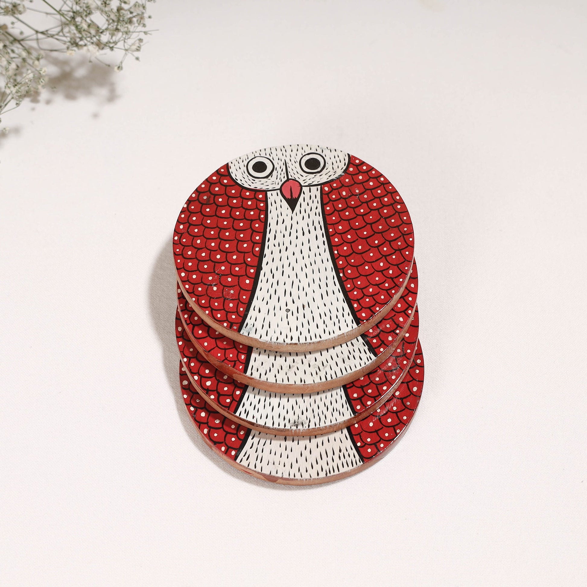 Bengal Patua Handpainted Akashmoni Wooden Coasters (Set of 4)
