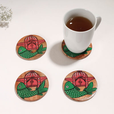 Bengal Patua Handpainted Akashmoni Wooden Coasters (Set of 4)