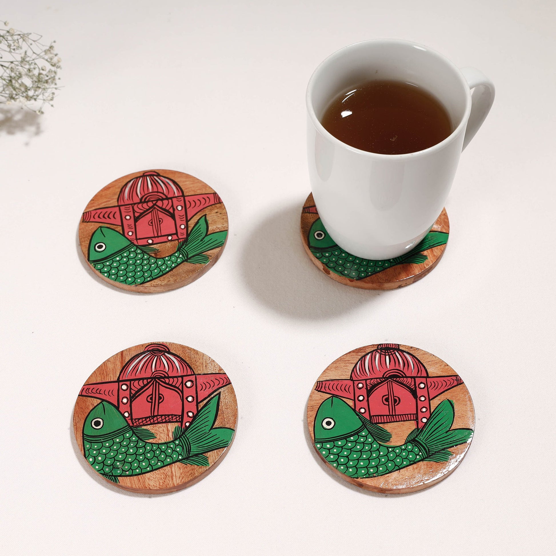 Bengal Patua Handpainted Akashmoni Wooden Coasters (Set of 4)