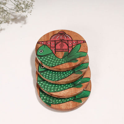 Bengal Patua Handpainted Akashmoni Wooden Coasters (Set of 4)