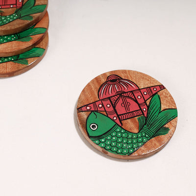 Bengal Patua Handpainted Akashmoni Wooden Coasters (Set of 4)